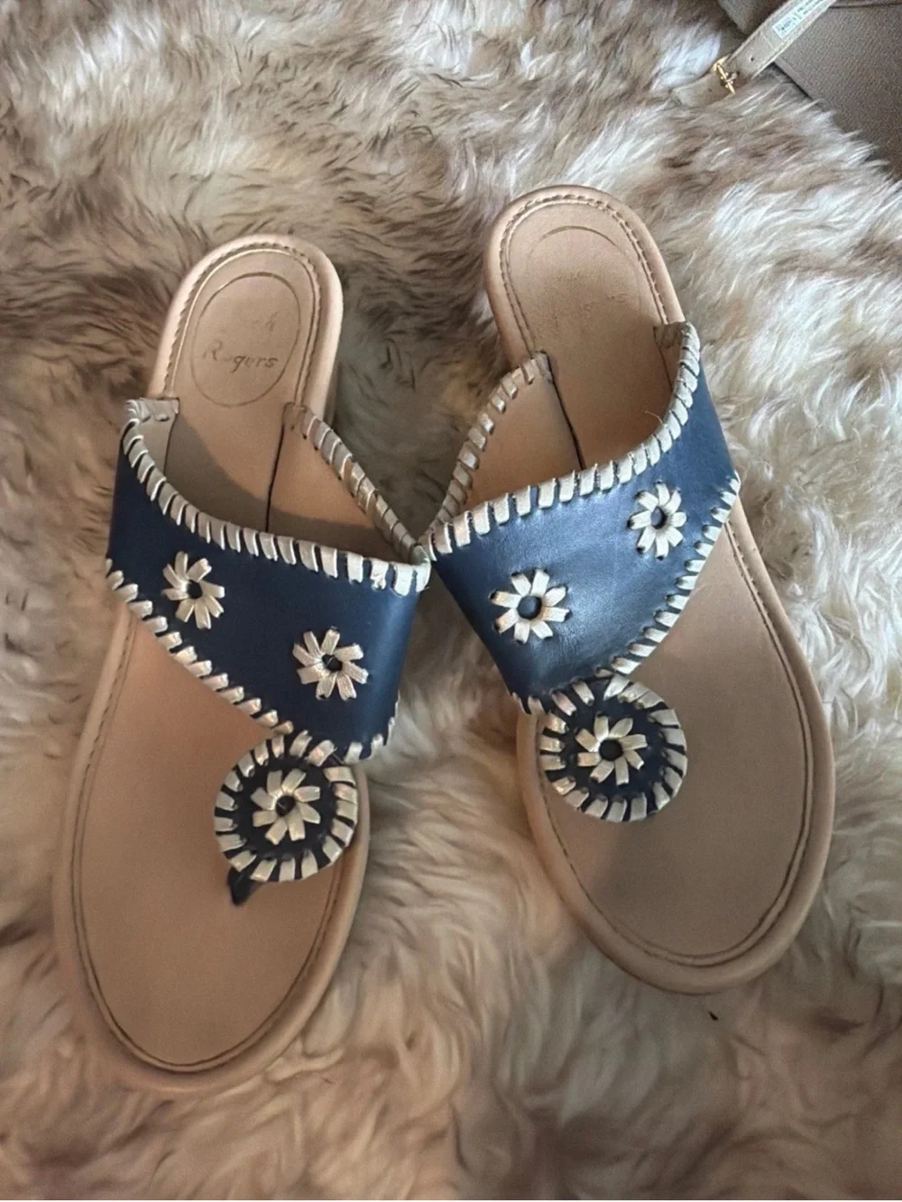 Jack Rogers Navy Blue & silver leather Wedge cork thing slip on hampton Sandals